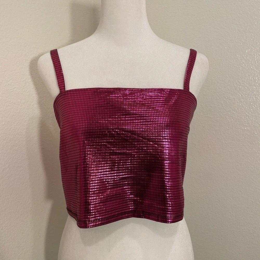 NWT Women’s M Medium  FORE Collection Disco Crop Top Shimmer Pink Black​​​​​​ - Picture 3 of 9
